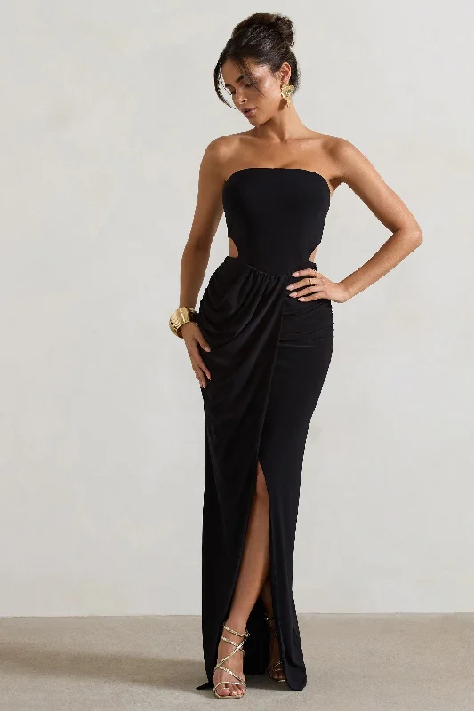 St Barts | Black Strapless Cut-Out Maxi Dress With Twist Skirt Cozy Wrap Maxi Dress