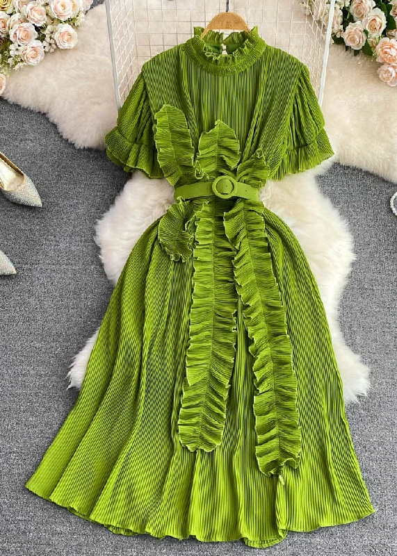 Stylish Green Stand Collar Ruffled Maxi Dress Short Sleeve Comfortable Pleated Maxi Dress