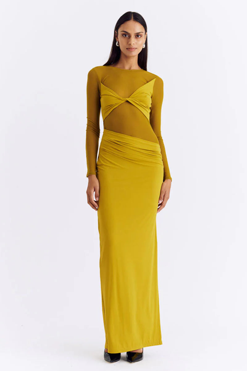 Suboo Auguste Long Sleeve Mesh Jersey Maxi Dress - Citron Elegant Wraparound Maxi Dress