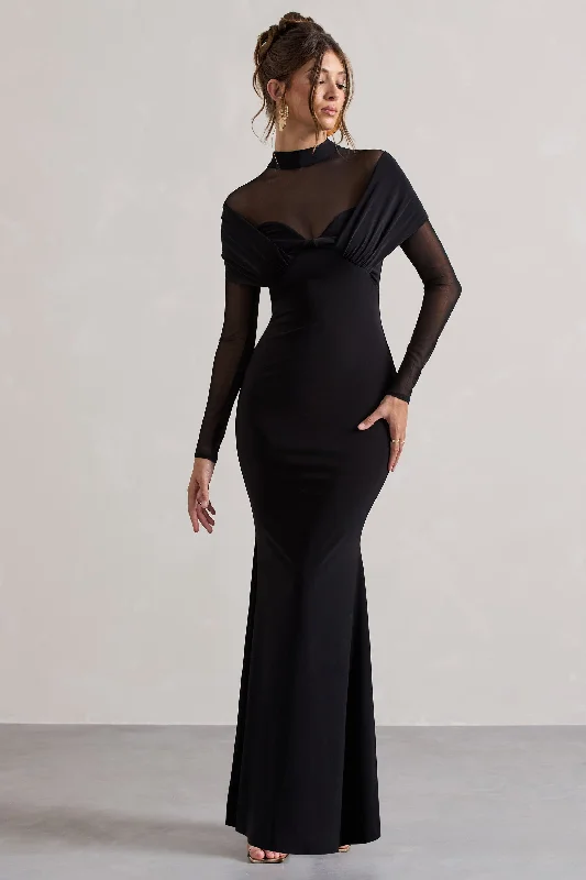 Tasha | Black Mesh High-Neck Long-Sleeve Maxi Dress Classic A-Line Maxi Dress