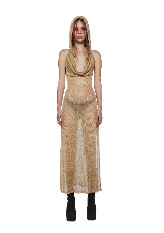 Tempo Metallic Hoodie Maxi Dress - Gold Elegant Tiered Maxi Dress