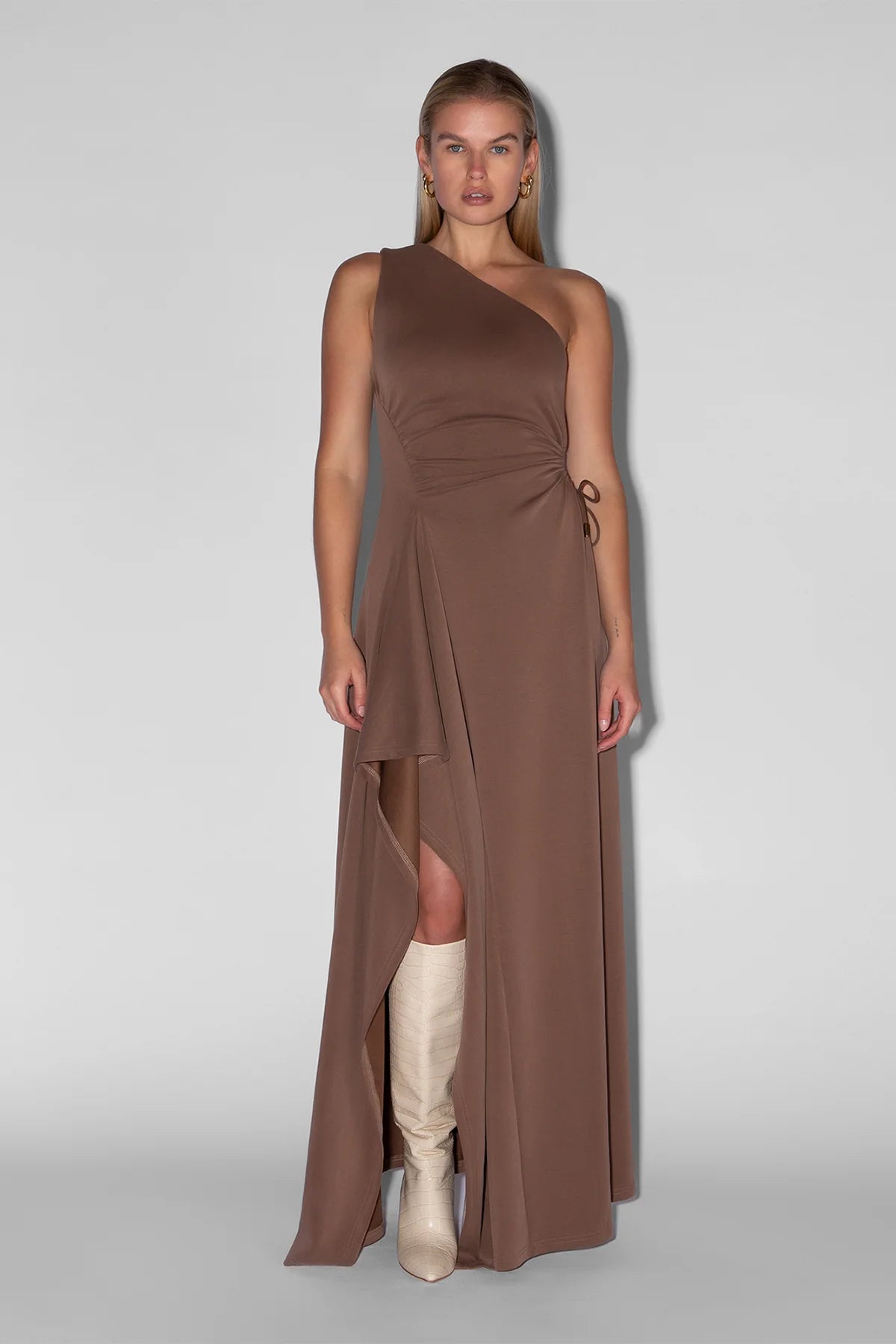 The Wolf Gang Vivi One Shoulder Maxi Dress - Cocoa Cozy Maxi Dress with Slit