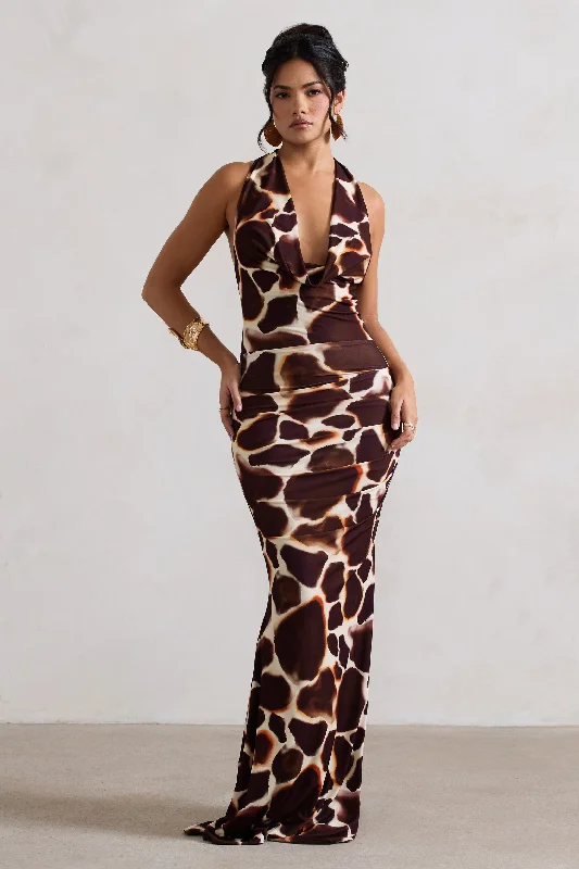 Tulum | Giraffe Print Cowl-Neck Gathered Split Maxi Dress Fashionable High-Low Maxi Dress