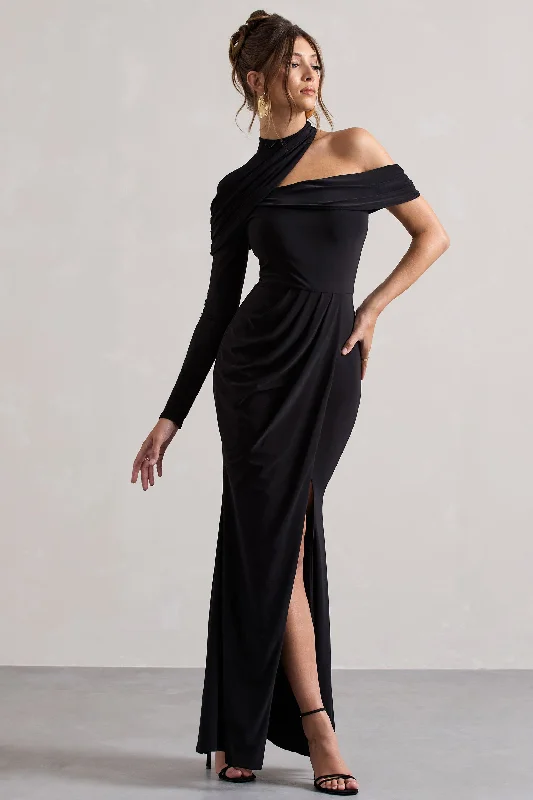 Tyla | Black Asymmetric High-Neck Split Maxi Dress Classic Tulle Maxi Dress