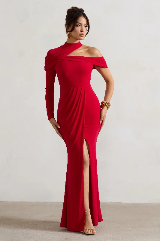 Tyla | Red Asymmetric High-Neck Split Maxi Dress Classic Solid Maxi Dress