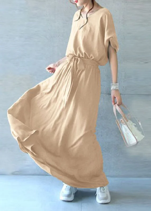 Unique Light Yellow V Neck Exra Large Hem Cotton Maxi Dresses Summer Comfortable Maxi Dress with Sleeves