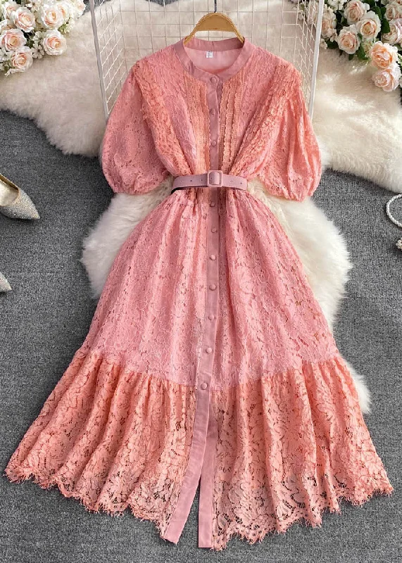 Unique Pink O-Neck Sashes Button A Line Maxi Dress Short Sleeve Trendy Maxi Dress with Bow