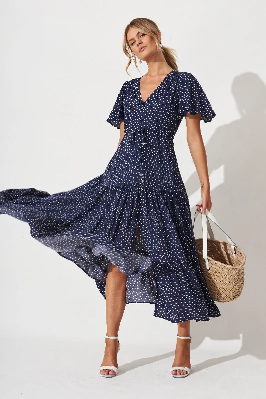 Violet Maxi Dress In Navy Spot Stylish Long Sleeve Maxi Dress