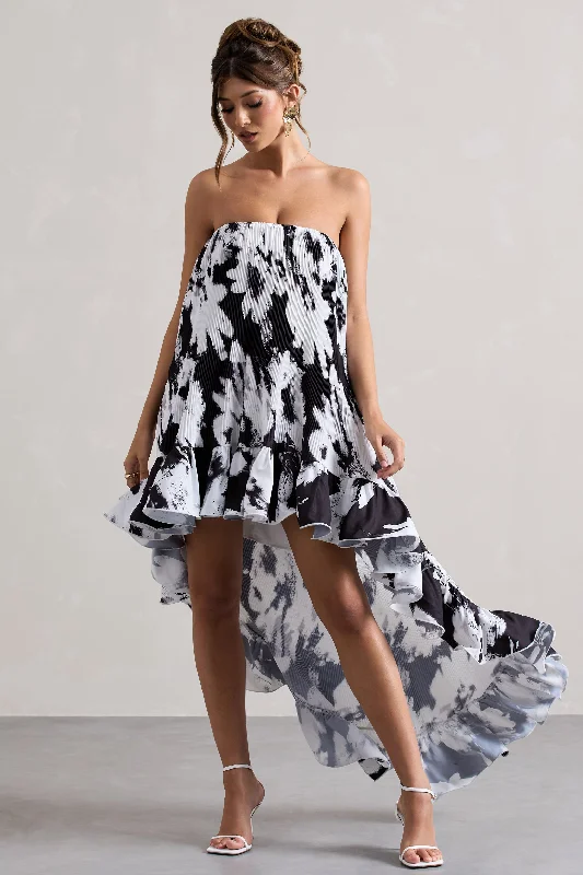 Whistler | Monochrome Floral Chiffon Bandeau High-Low Ruffled Maxi Dress Cozy Knitted Maxi Dress