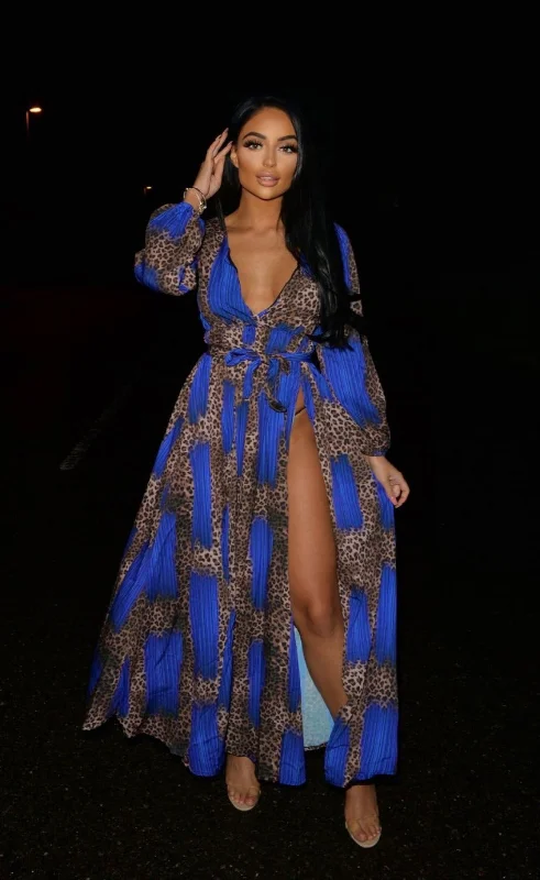 Wild Love Royal Blue & Leopard Print Plunge Long Sleeve Double Slit Maxi Dress Trendy Maxi Dress with Lace