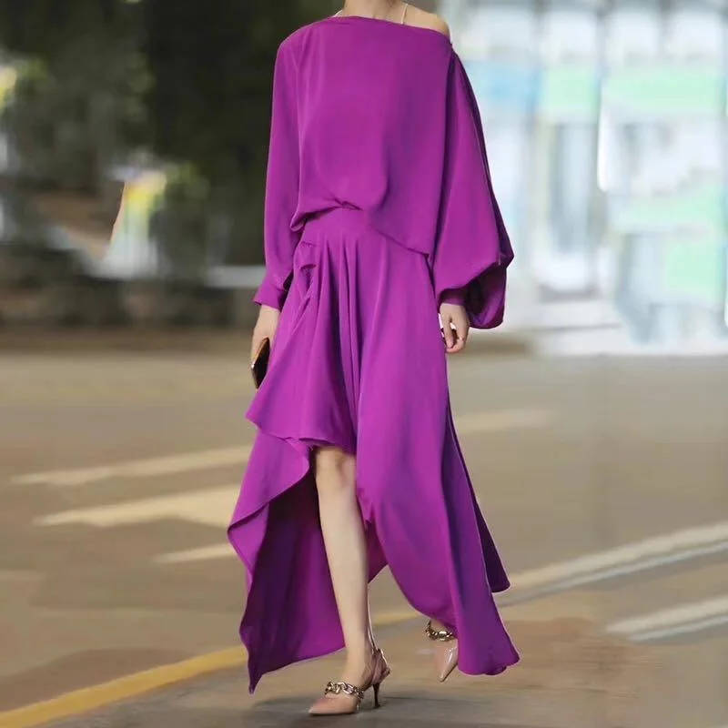 Asymmetrical Slash Neck Lantern Sleeve Maxi Dress Chic Off-Shoulder Maxi Dress