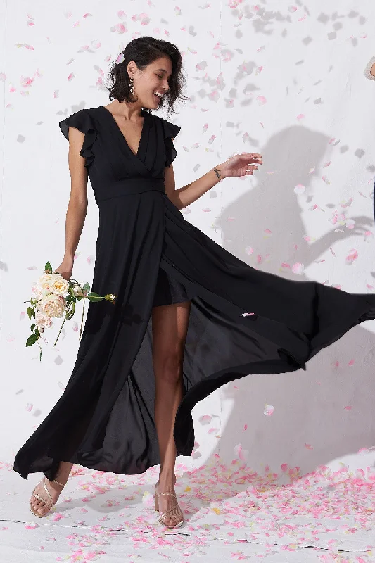 Wynter Maxi Dress in Black Chiffon Cozy Cold-Shoulder Maxi Dress