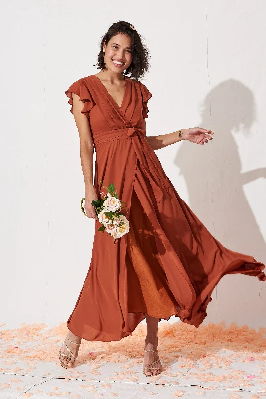 Wynter Maxi Dress in Rust Chiffon Elegant Silk Maxi Dress