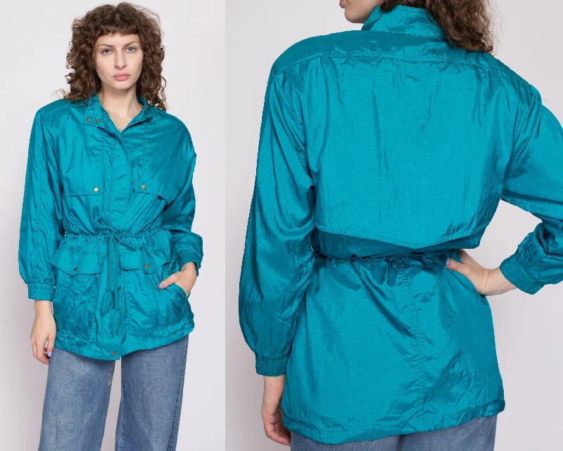 80s Blue Drawstring Waist Windbreaker Jacket - Petite Small to Medium Ribbed Jacket Pleated Jacket Ruffled Jacket