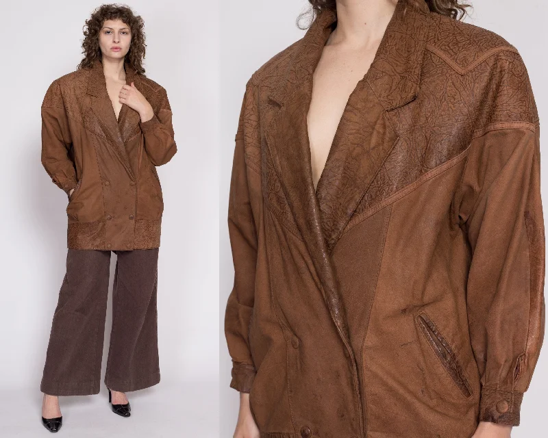 80s G-III Brown Leather Embossed Jacket - Medium Tailored Jacket Straight Jacket A-Line Jacket