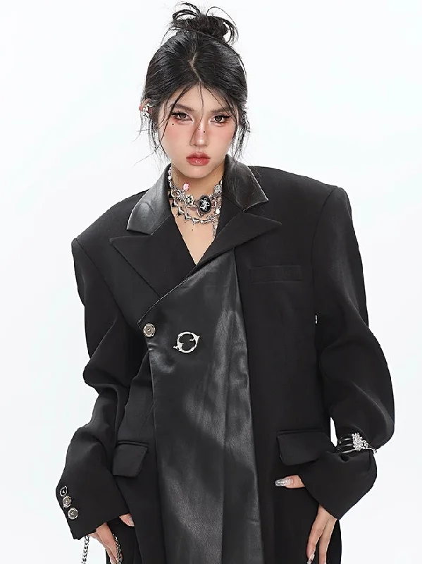 Alice Solid Color Black Patchwork Paneled Pu Leather Loose Long Sleeve Blazer Jacket Wool Fabric Cashmere Fabric Tweed Fabric