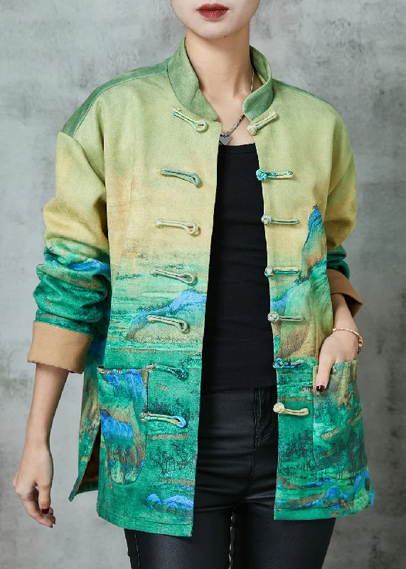 Art Green Print Chinese Button Silk Jacket Spring Front Pockets Side Pockets Patch Pockets