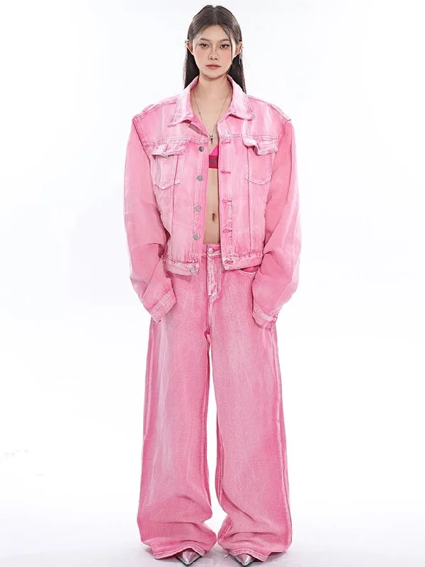 Barbie Pink Denim Bleach Washed Dye Long Sleeve Button Up Jean Jacket + Low Waist Straight Leg Jeans Pants Matching Set Zip Front Button Front Snap Front