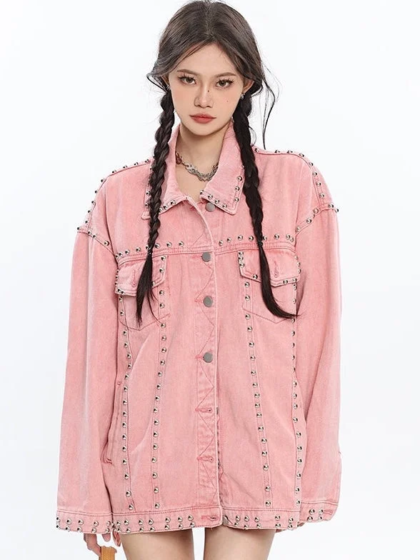 Chrissy Pink Vintage Denim Studded Multi-Pocket Long Sleeve Button Up Jacket Tailored Jacket Straight Jacket A-Line Jacket