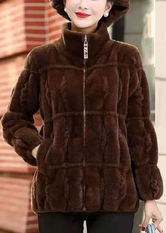 Coffee Warm Mink Hair Knitted Jackets Zip Up Pockets Winter Fleece Jacket Down Jacket Feather Jacket