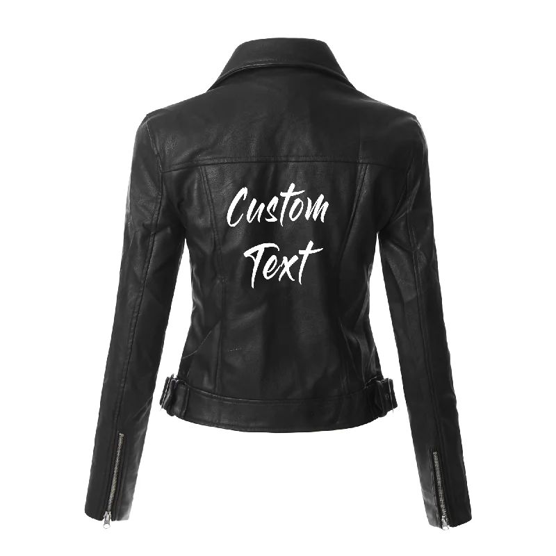 Custom Text Black Crop Leather Jacket Elasticated Jacket Padded Jacket Insulated Jacket