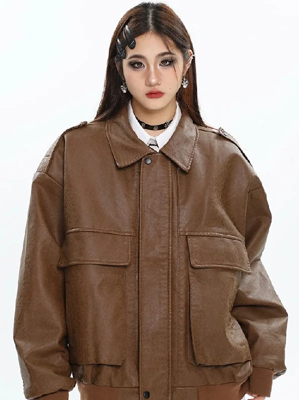 Dalia Solid Color Brown Faux Leather Zip Up Button Up Long Sleeve Double Jacket Jersey Jacket Tulle Jacket Batik Jacket