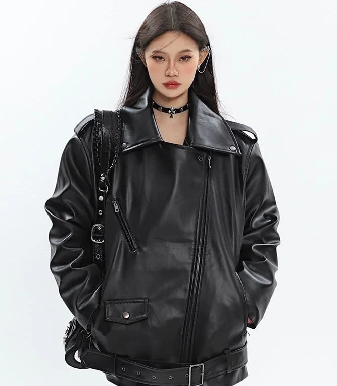 Elaine Black Street Vintage PU Leather Long Sleeve Zip Up Motorcycle Jacket Satin Jacket Silk Jacket Chiffon Jacket