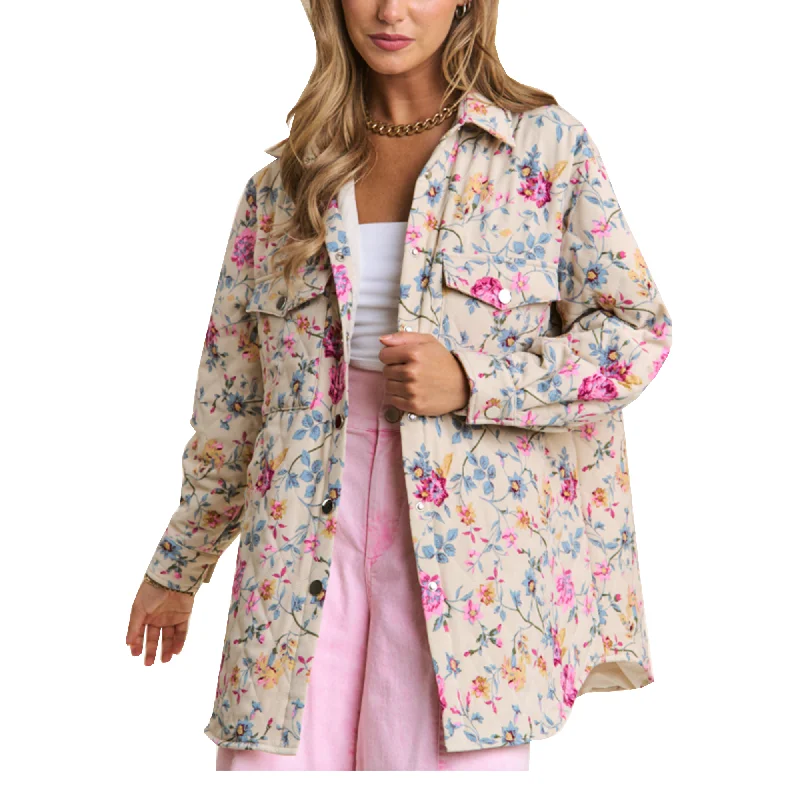 Floral Quilt Stitch Oversized Button Down Jacket Cotton Jacket Linen Jacket Terry Jacket