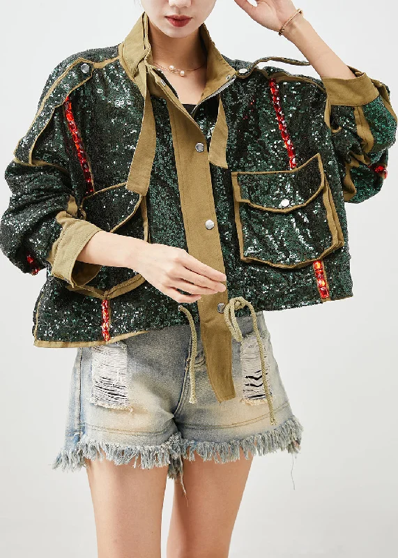 French Army Green Sequins Oversized Drawstring Jacket Fall Chenille Jacket Brocade Jacket Lace Jacket