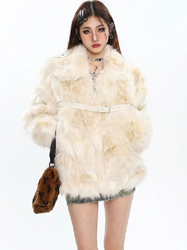 Loreila Faux Fur Zip Up Leather Belt Strap Long Sleeve Jacket Notch Collar Peter Pan Collar Cowl Neck