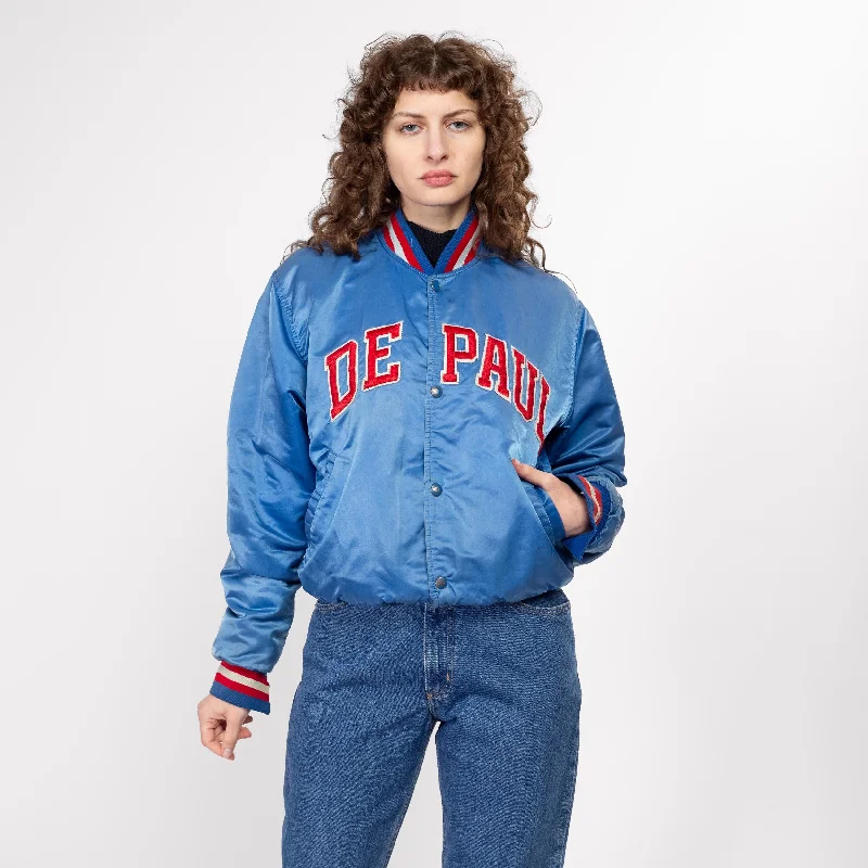 Med-Lrg 80s De Paul University Satin Starter Jacket Unisex Snapped Jacket Toggled Jacket Drawstring Jacket