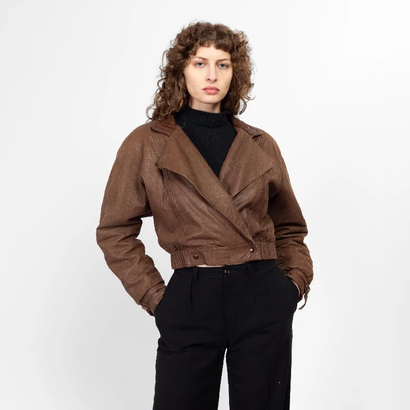 Medium 80s Brown Leather Cropped Bomber Jacket Rayon Jacket Velvet Jacket Corduroy Jacket