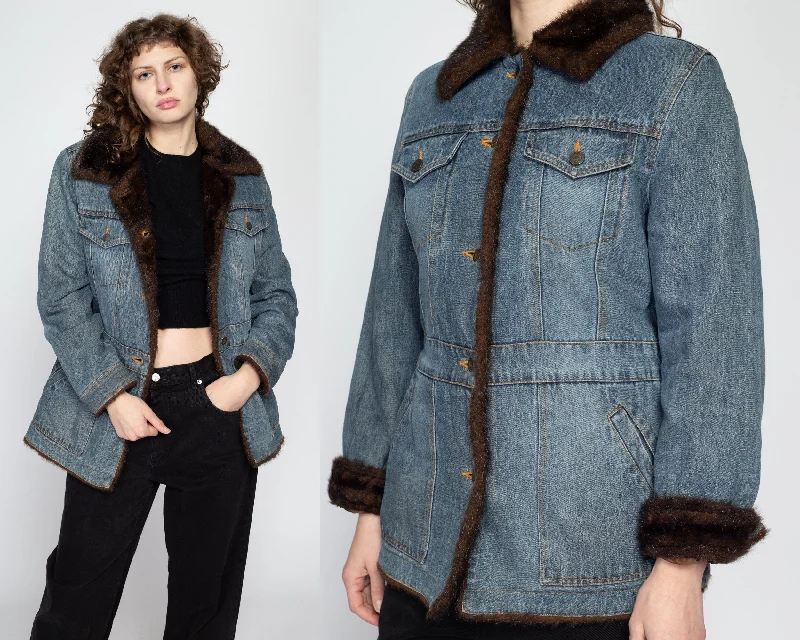 Medium 90s Denim Faux Fur Lined Jacket Appliqued Jacket Beaded Jacket Sequined Jacket