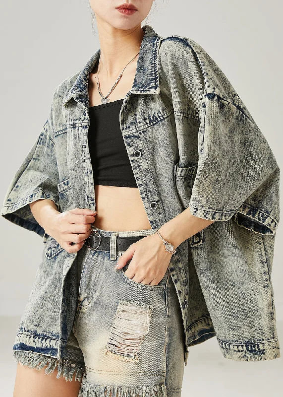 Modern Grey Oversized Pockets Denim Jacket Summer Chenille Fabric Brocade Fabric Lace Fabric