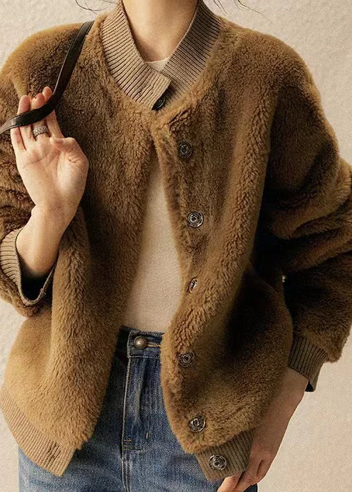 New Brown Stand Collar Pockets Patchwork Wool Jacket Winter Oversized Jacket Tailored Jacket Straight Jacket