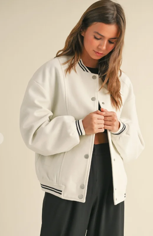 Oversized White Varsity Jacket One-Shoulder Jacket Off-the-Shoulder Jacket Asymmetrical Jacket