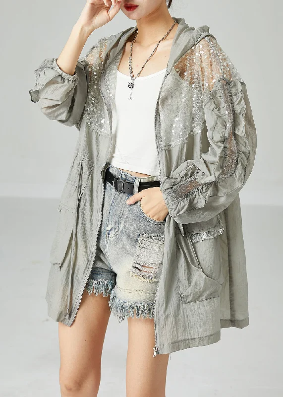 Plus Size Grey Hooded Sequins Patchwork Drawstring UPF 50+ Coat Jacket Summer Hooded Jacket Caped Jacket Shawl Collar Jacket