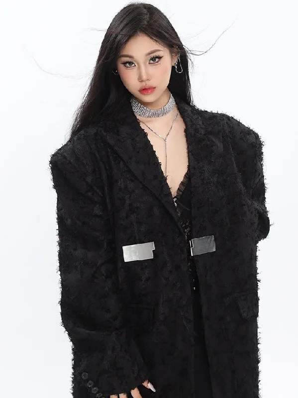 Riley Solid Color Black Metal Buckle Mid-length Blazer Long Sleeve Blazer Jacket A-Line Jacket Boat Neck Shawl Collar