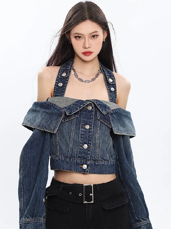 Seanna Denim Blue Spice Neck Off-the-Shoulder Halter Loose Cropped Jacket Top Satin Jacket Silk Jacket Chiffon Jacket