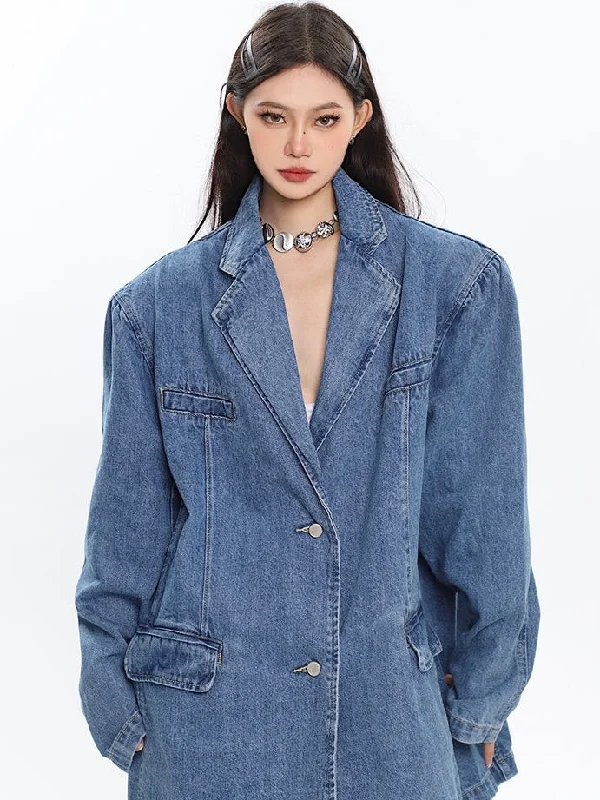 Sloan Washed Denim Blue Vintage Silhouette Long Sleeve Button Up Blazer Jacket Fleece Jacket Down Jacket Feather Jacket