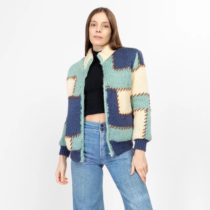 Sm-Med 80s Color Block Patchwork Knit Cardigan Jacket Boat Neck Shawl Collar Notched Collar