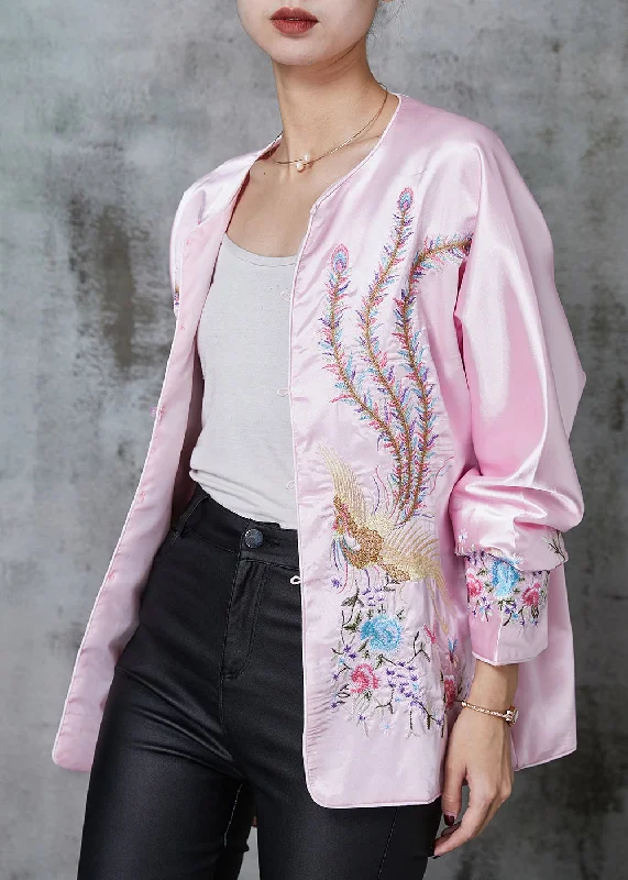 Stylish Pink Embroidered Pockets Silk Jacket Spring Mesh Jacket Canvas Jacket Denim Jacket