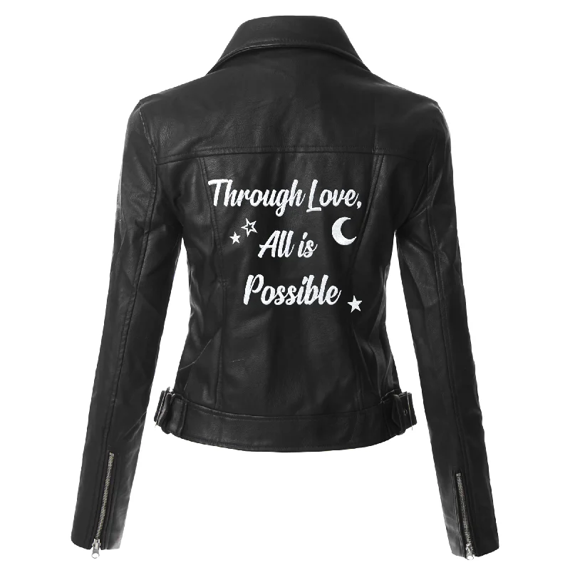 Through Love, All is Possible Womens Faux Leather Jacket Hoodie Zip-Up Jacket Button-Up Jacket