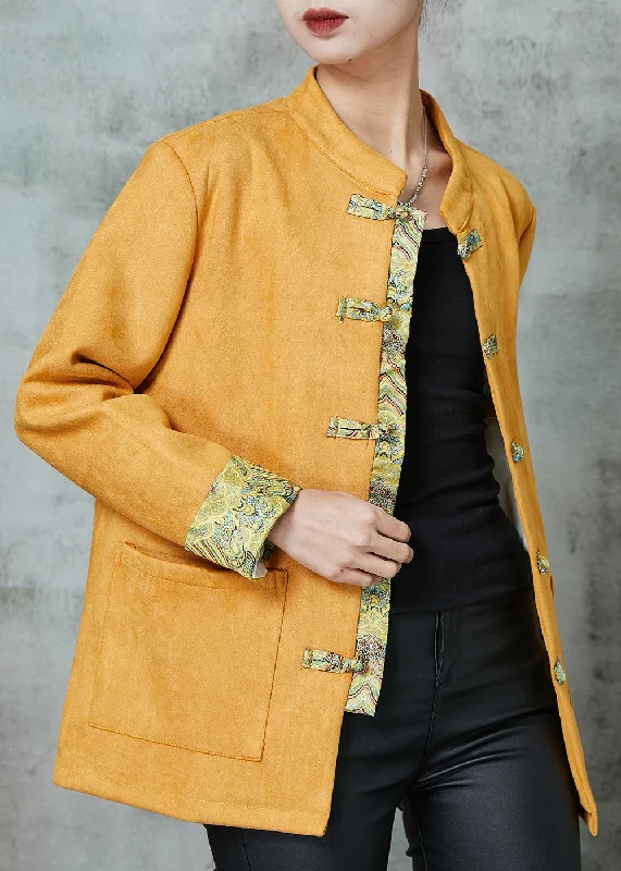 Unique Yellow Pockets Faux Suede Chinese Style Jackets Spring Nylon Fabric Polyester Fabric Spandex Fabric