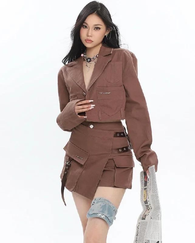 Yielle Solid Color Brown Design Multi-Pocket Slim Cargo Mini Skirt Cropped Jacket Matching Set Tailored Jacket Straight Jacket A-Line Jacket