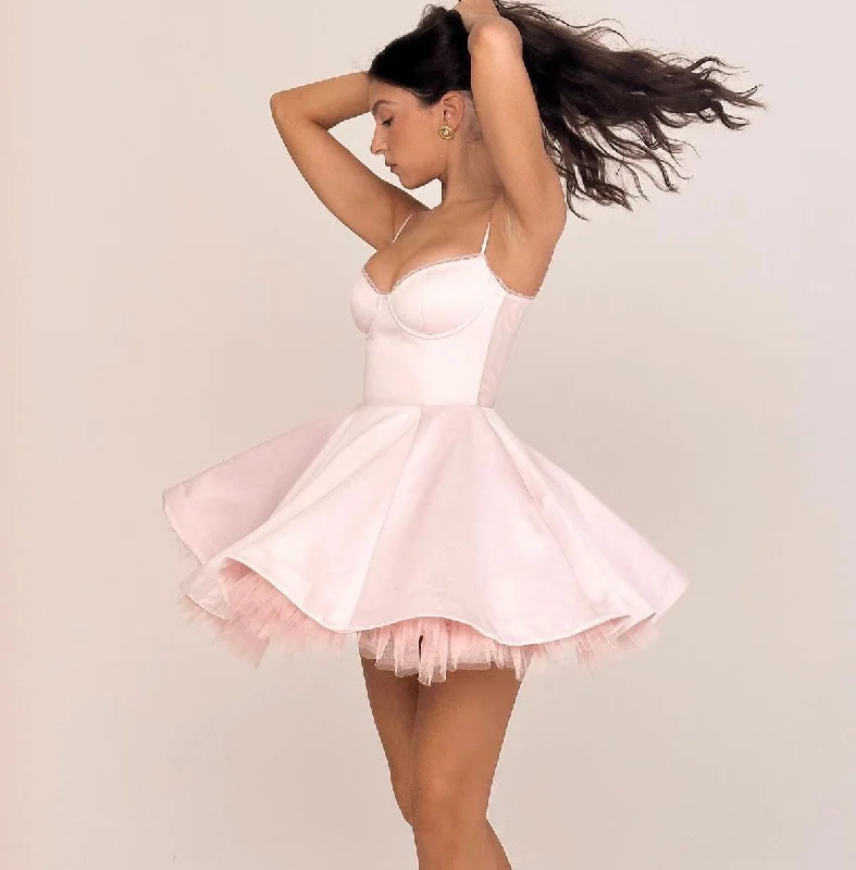 Satin Tulle Frill Charming Strap Mini Dress Comfortable Zip-Up Mini Dress