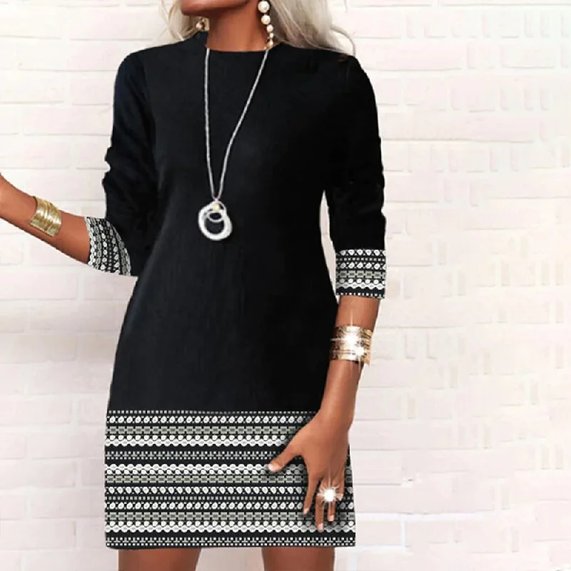 Black and White Aztec Print Trim Long Sleeve Mini Dress Elegant Lace-Up Mini Dress