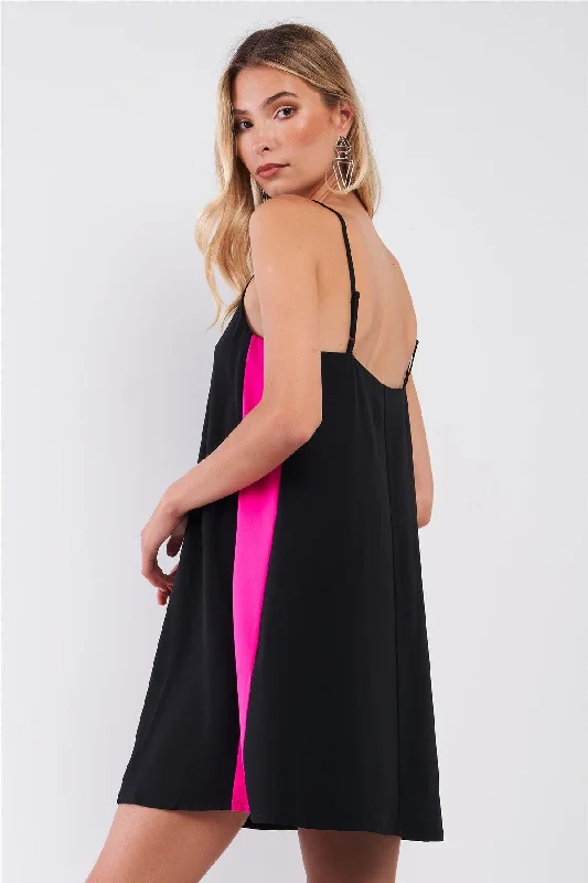 Black & Pink Sleeveless V-Neck Side Stripe Detail Relaxed Mini Dress /1-2-2 Fashionable Polka Dot Mini Dress