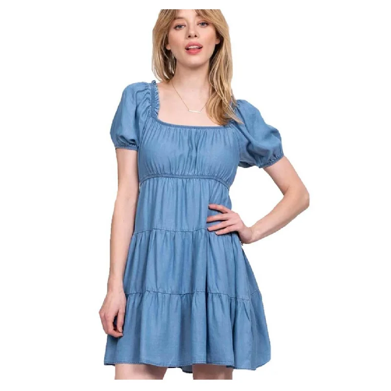 Women's Chambray Square Neck Mini Dress Fashionable Button-Front Mini Dress