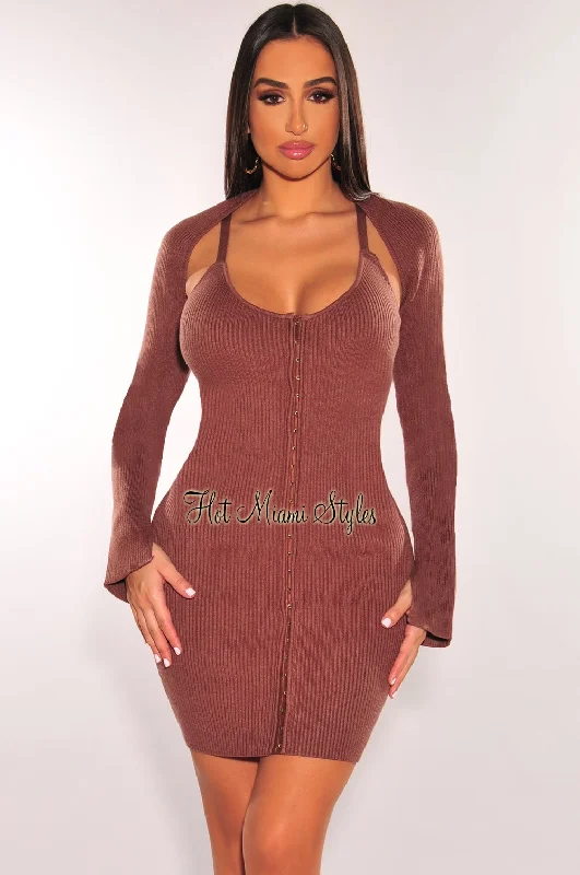 Chocolate Ribbed Knit Spaghetti Straps Mini Dress + Shrug Jacket Trendy Off-Shoulder Dress Mini